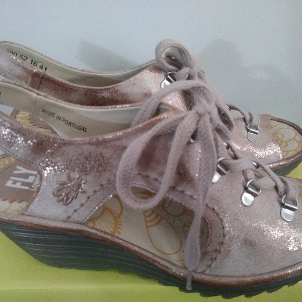 Fly London Gold Wedge Sandals